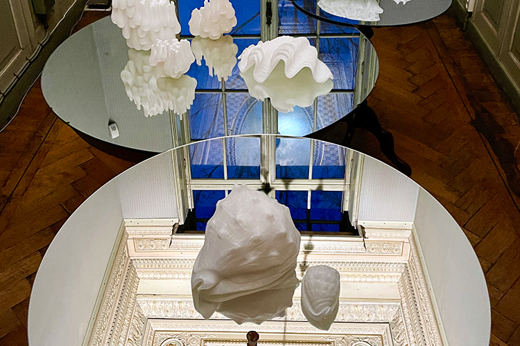 <I>Seascape</I> 2024 alabaster, mirrors, tables 102 x 130 x 245 cm
